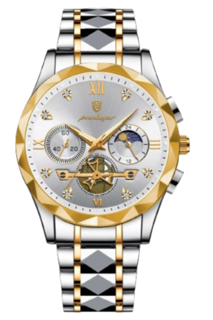 Luxury Diamond-Cut Chronograph Watch – Stainless Steel &amp; Gold-Plated Design - Golden
