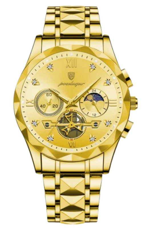 Luxury Diamond-Cut Chronograph Watch – Stainless Steel & Gold-Plated Design