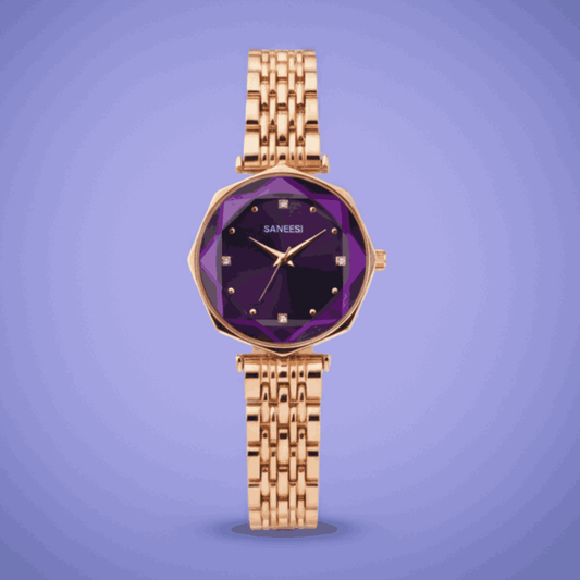 Saneesi Purple Dial Women’s Watch – Golden Luxury Design | Alpha Watches