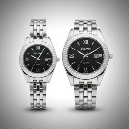 Suz.Man Couple Watch | Black Dial Silver Luxury Set – Alpha Watches
