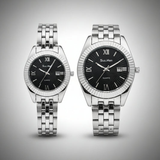 Suz.Man Couple Watch | Black Dial Silver Luxury Set – Alpha Watches