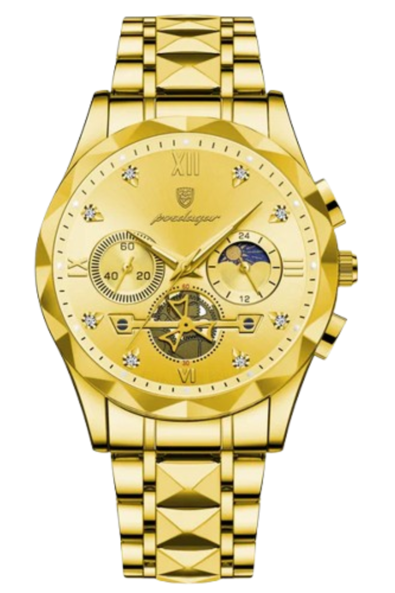 Luxury Diamond-Cut Chronograph Watch – Stainless Steel & Gold-Plated Design