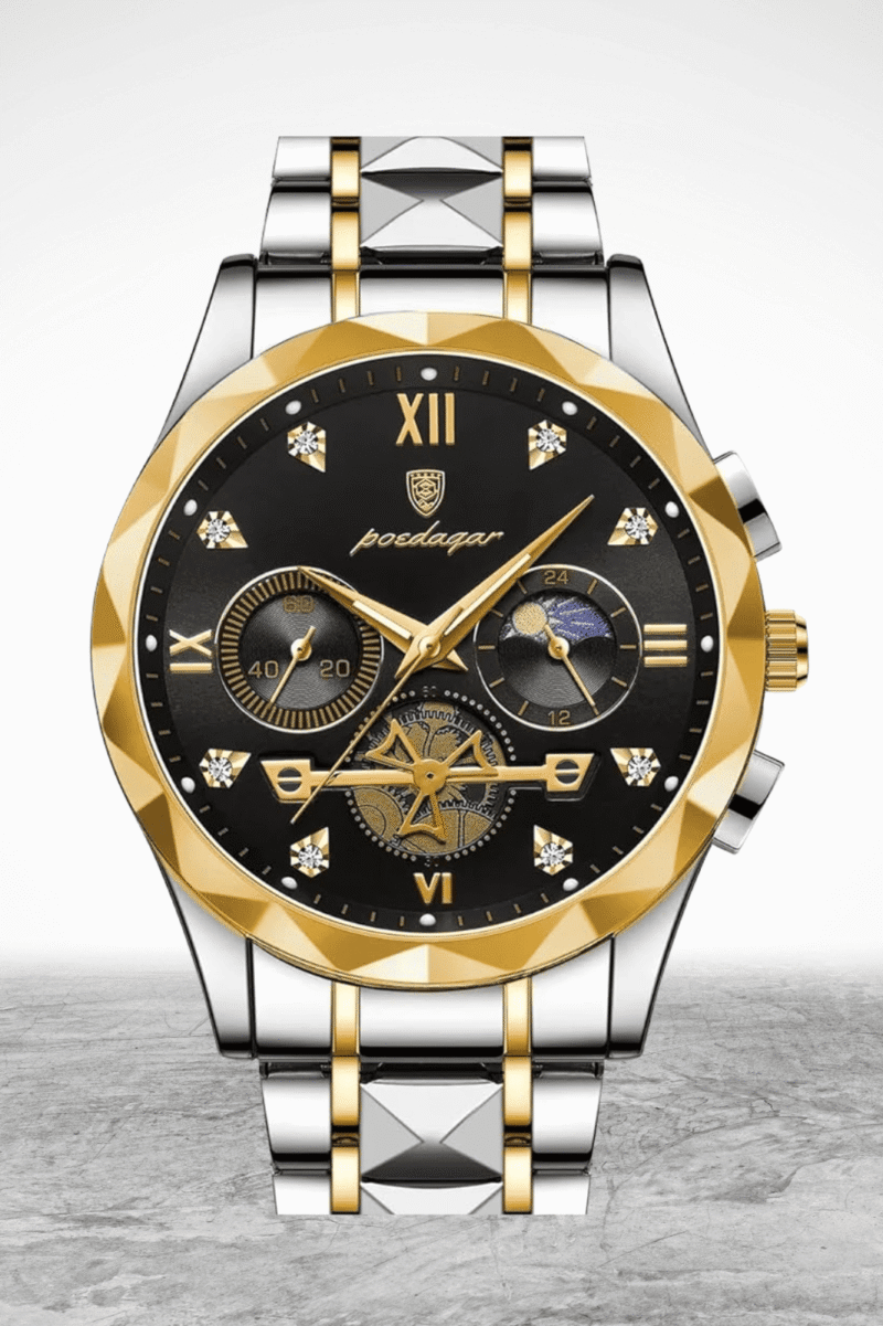 Luxury Diamond-Cut Chronograph Watch – Stainless Steel & Gold-Plated Design - Image 3