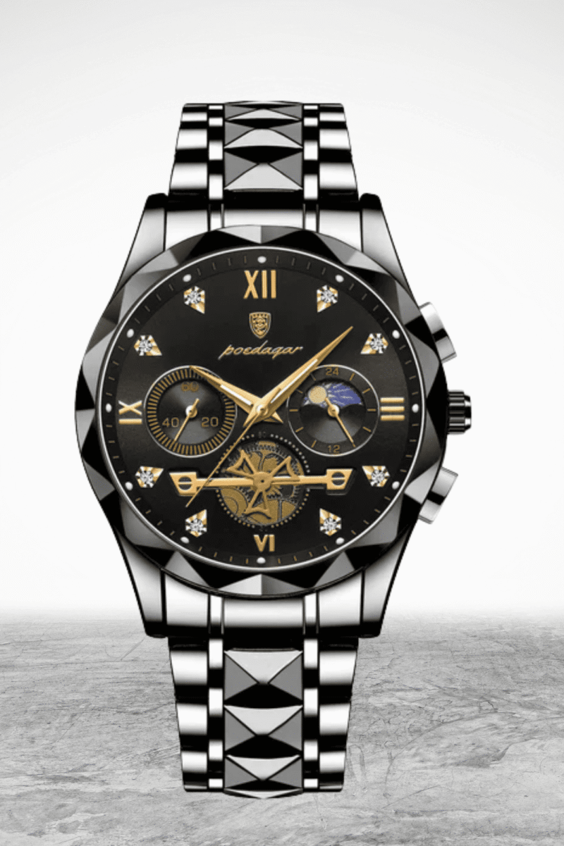 Luxury Diamond-Cut Chronograph Watch – Stainless Steel & Gold-Plated Design - Image 2