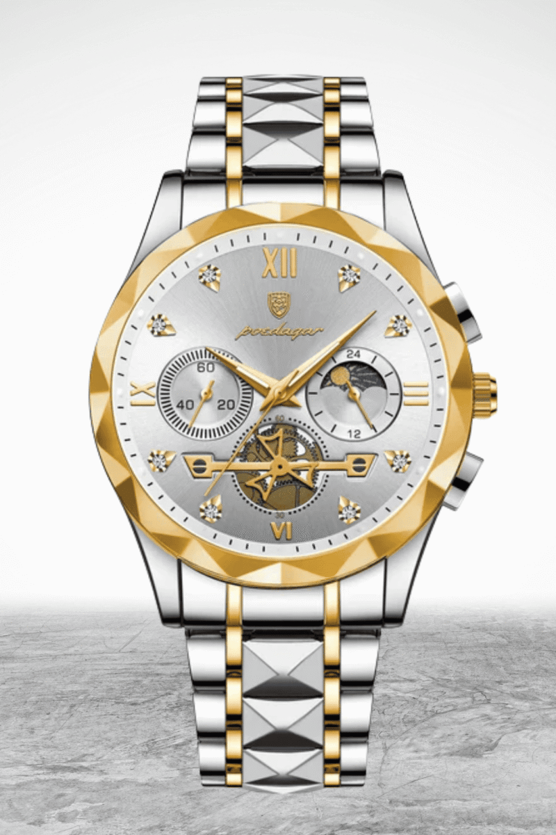 Luxury Diamond-Cut Chronograph Watch – Stainless Steel & Gold-Plated Design - Image 9