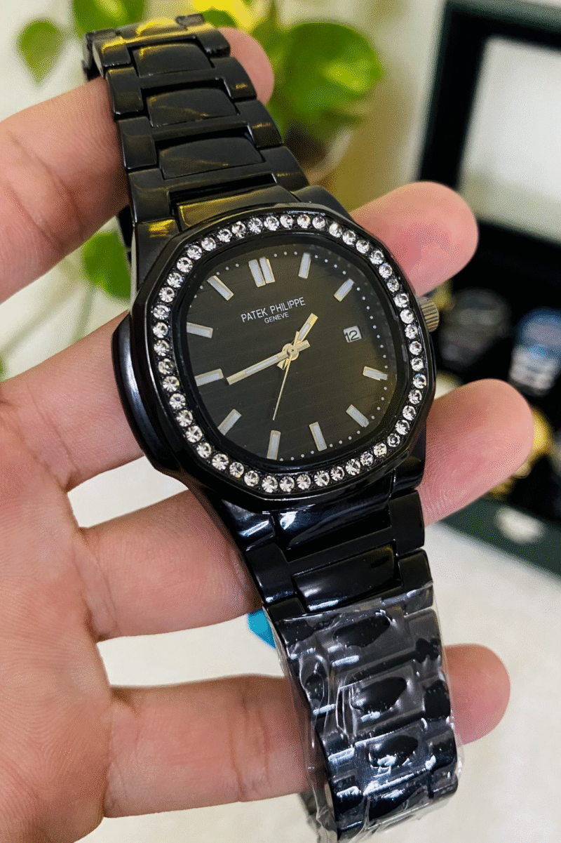 Patek Philippe-Inspired Black Nautilus Watch – Crystal Bezel | Alpha Watches