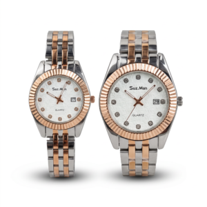 Alpha Watches rose gold and silver couple watch set on clean white background