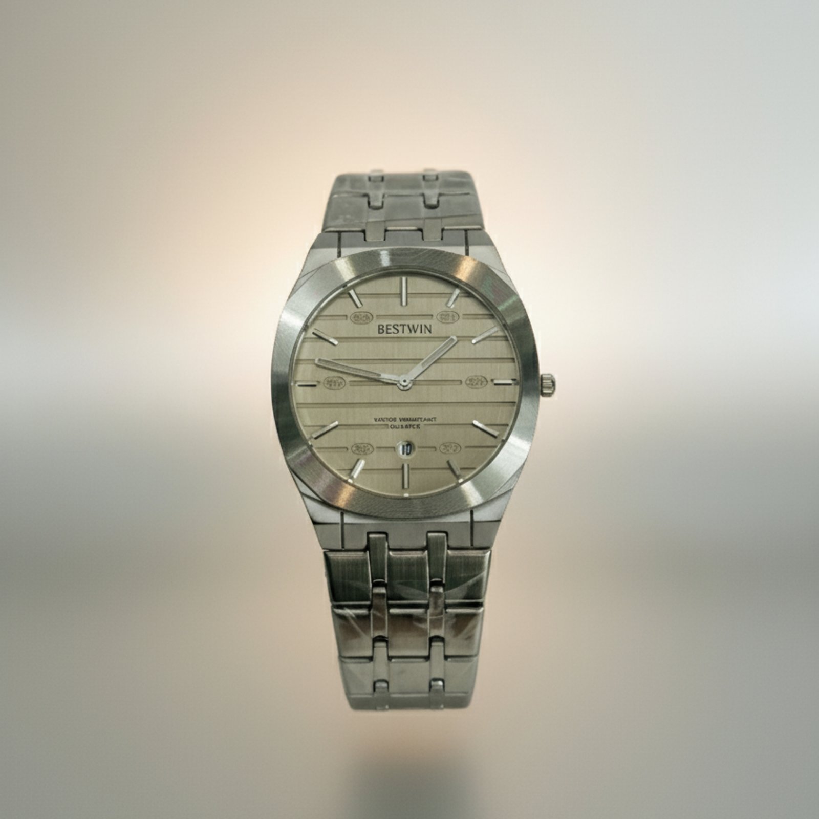 Luxury Silver Men’s Watch | Champagne Textured Dial | Stainless Steel Bracelet | Date Display