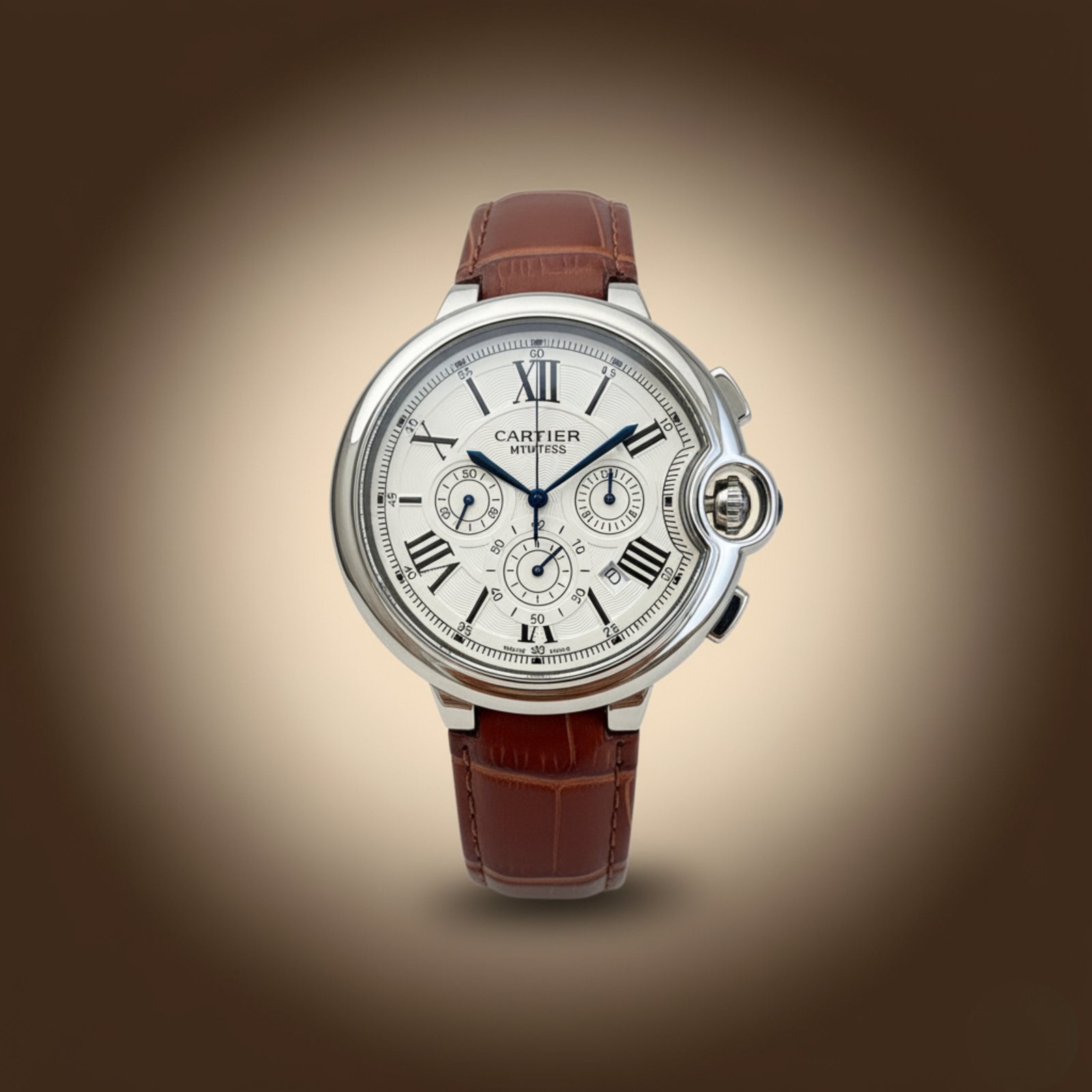 Luxury Chronograph Men’s Watch | White Dial | Brown Leather Strap | Roman Numeral Markers