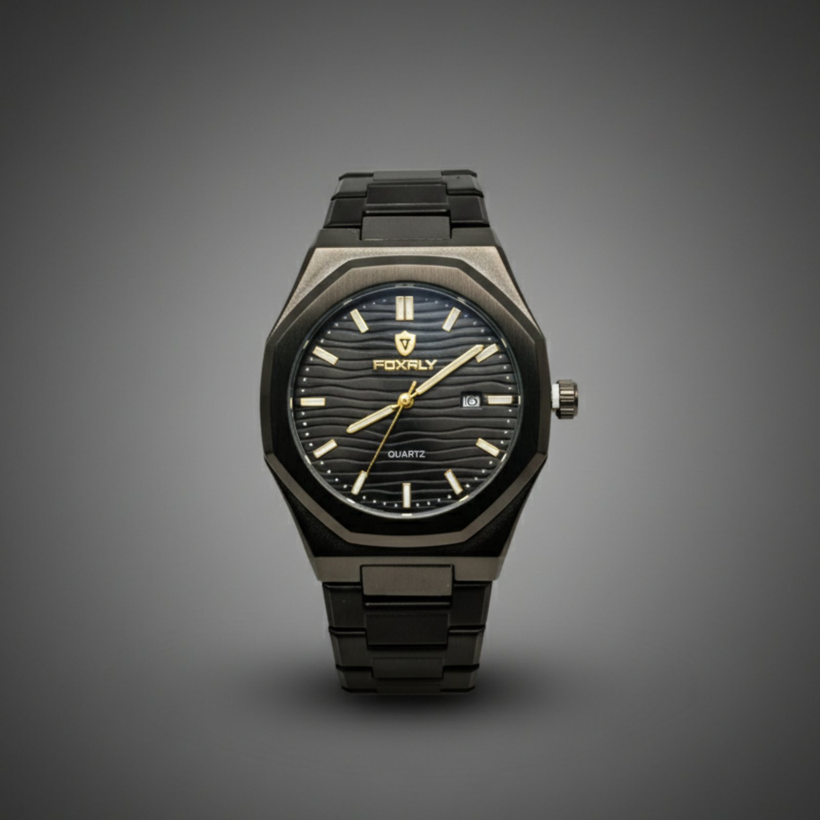 Luxury Black Dial Men’s Watch | Black Stainless Steel Bracelet | Gold-Tone Details | Date Display
