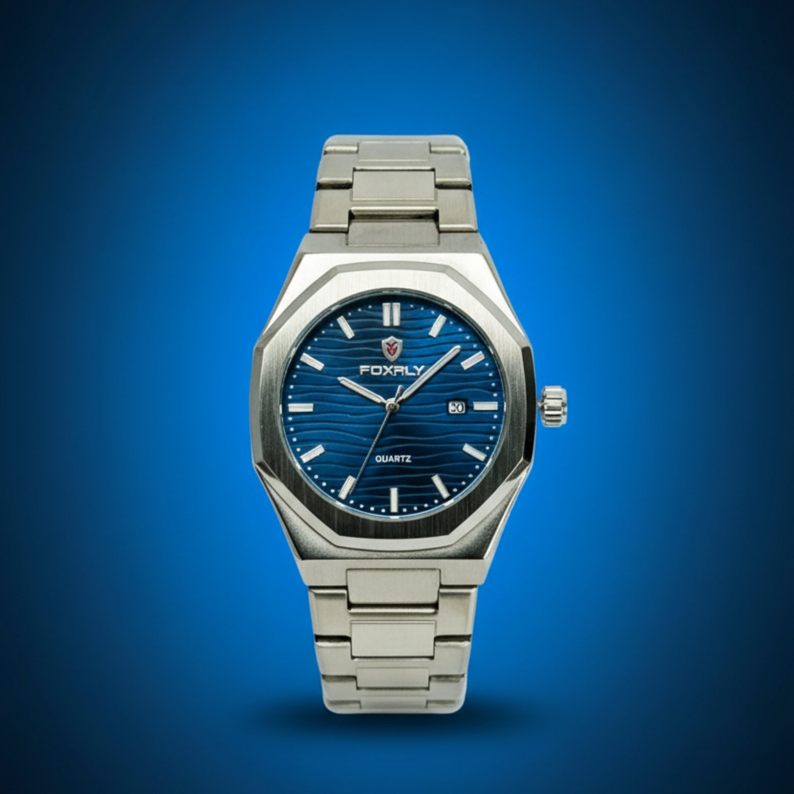 Luxury Blue Dial Men’s Watch | Silver Stainless Steel Bracelet | Textured Dial | Date Display
