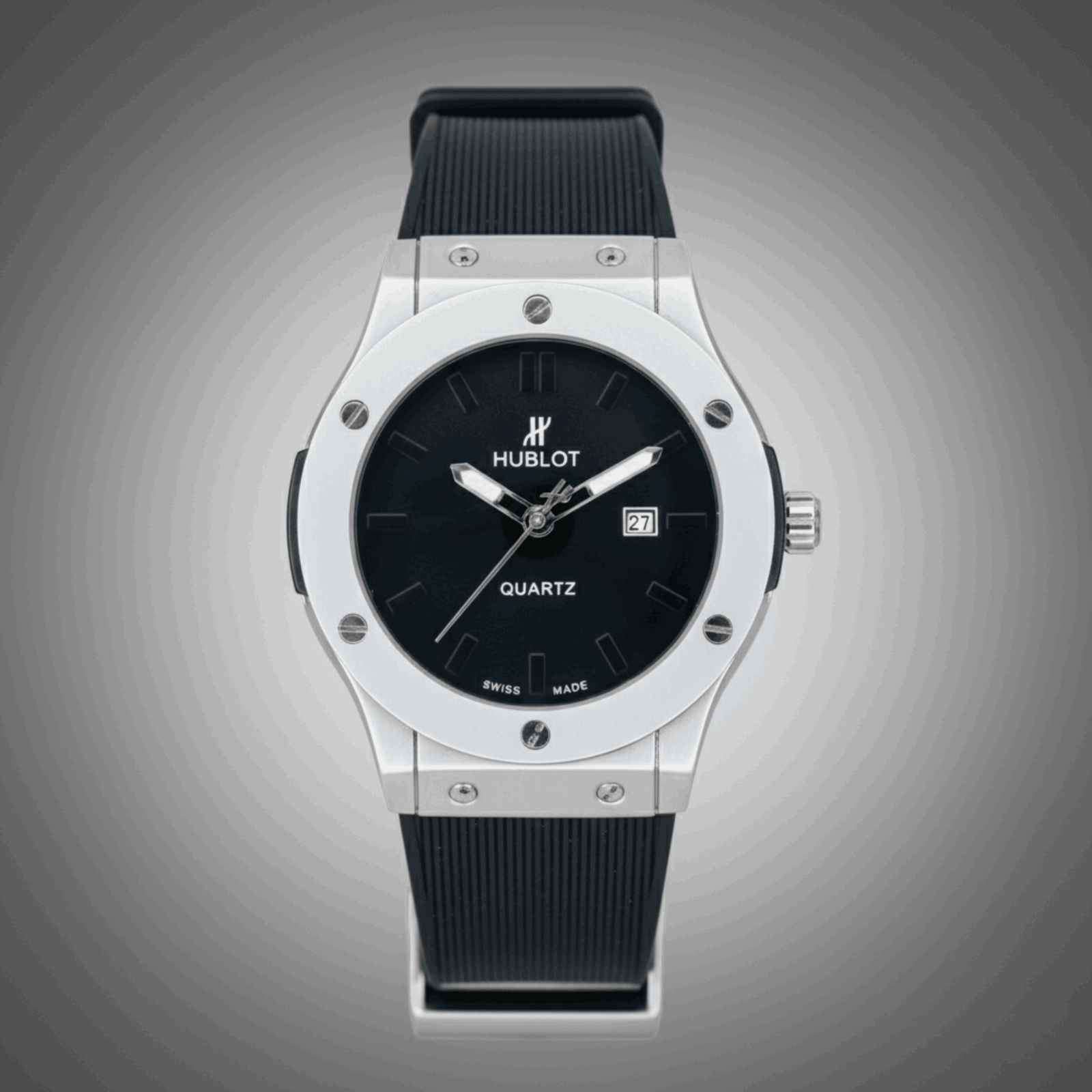 Luxury Black Dial Men’s Watch | Silver Stainless Steel Case | Black Rubber Strap | Date Display