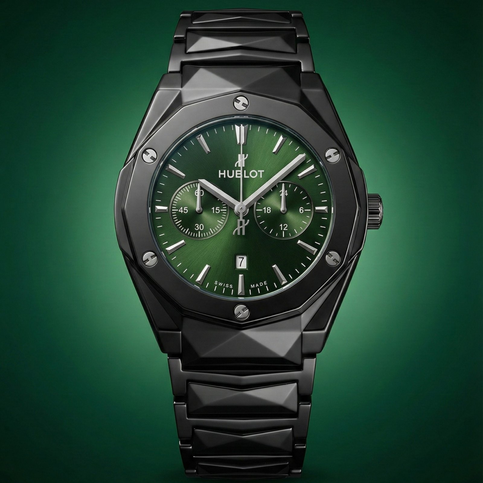 Luxury Green Dial Men’s Chronograph Watch | Black Stainless Steel Bracelet | Multi-Subdial Design | Date Display