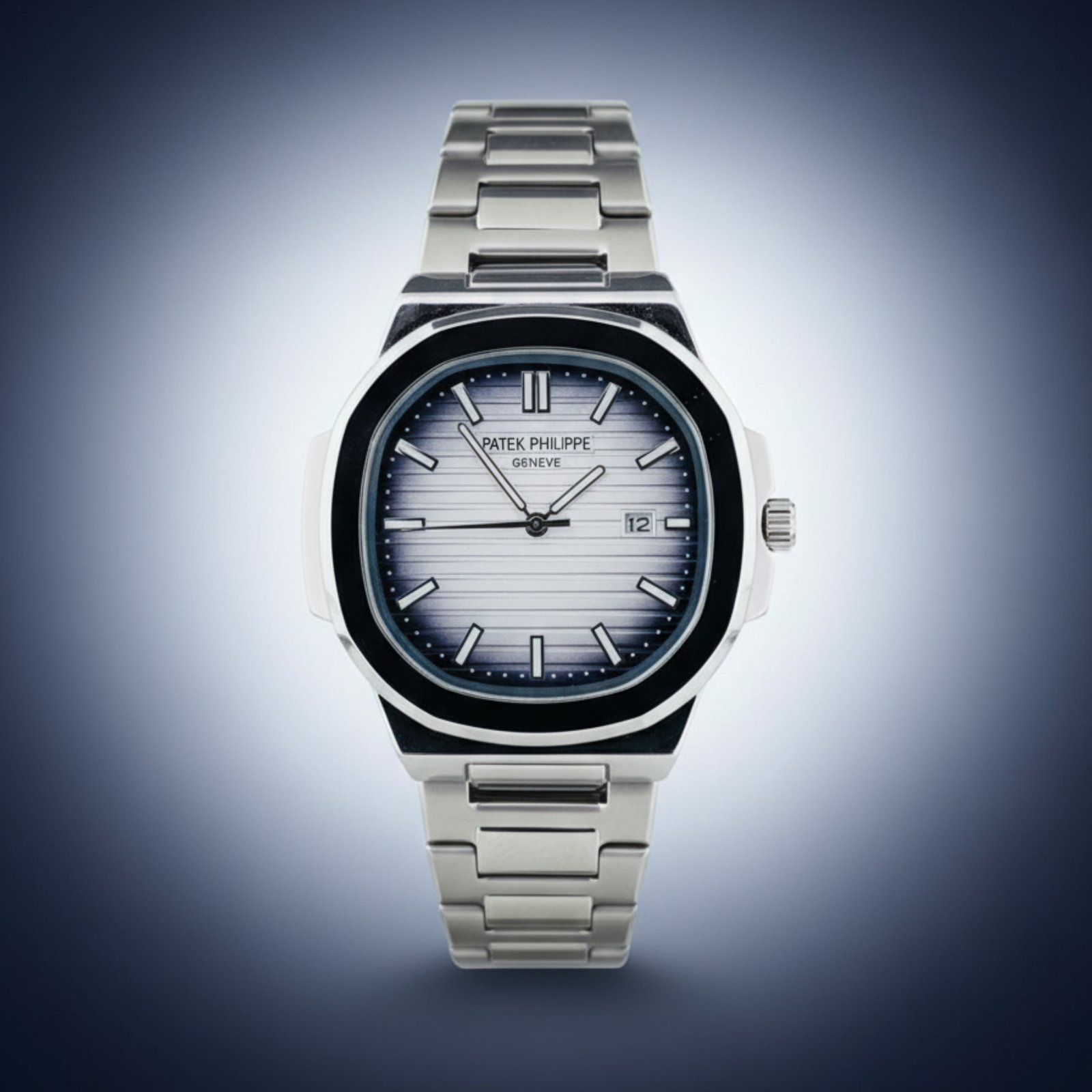 Silver watch with black bezel and blue gradient dial