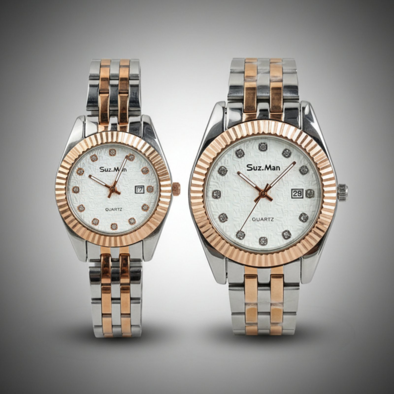 Luxury Two-Tone Couple Watch Set | White Dial | Rose Gold & Silver Stainless Steel Bracelet