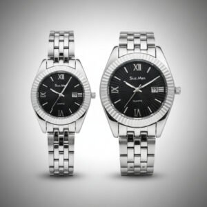 Luxury Matching Couple Watches | Black Dial | Silver Stainless Steel Bracelet | Date Display