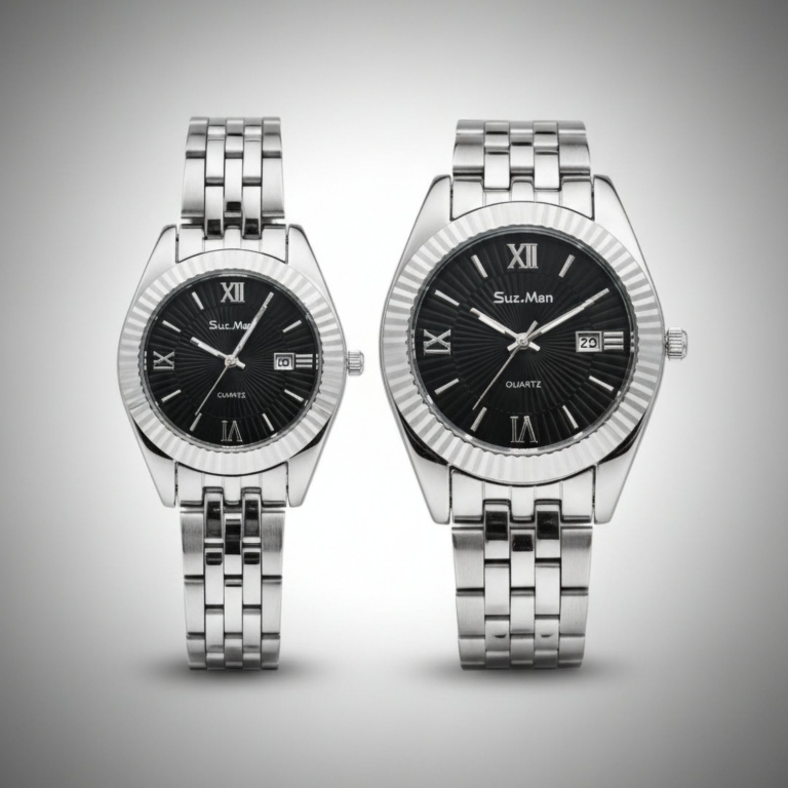 Luxury Matching Couple Watches | Black Dial | Silver Stainless Steel Bracelet | Date Display