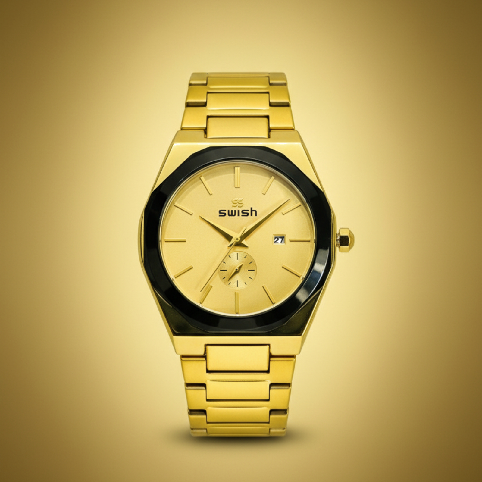 Gold stainless steel watch with black bezel